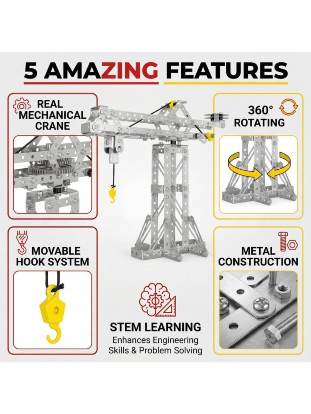 273pcs Metal Building Toy Set - 3-in-1 Tower Crane, Windmill & Erector Kit for - Picture 5 of 9